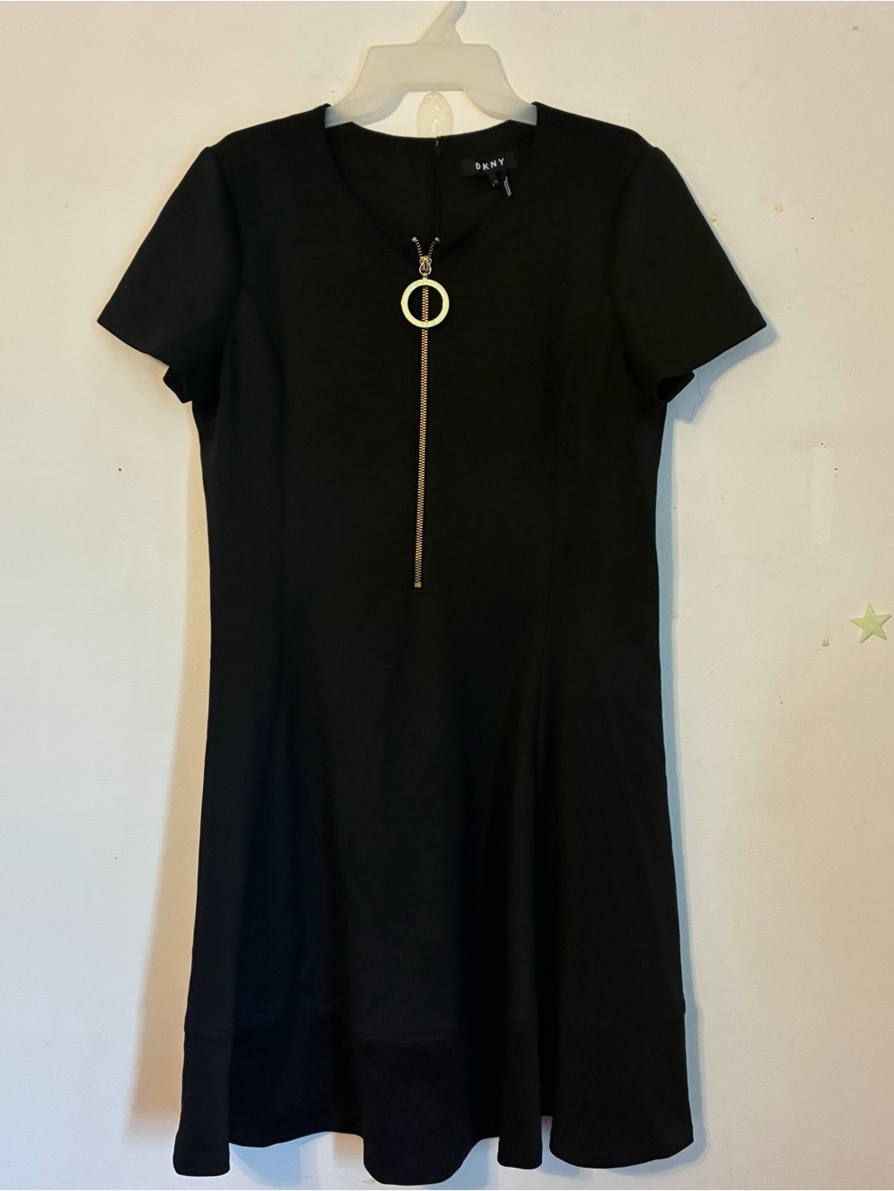DKNY Black Short-Sleeve A-Line Dress with Front Ring Zip